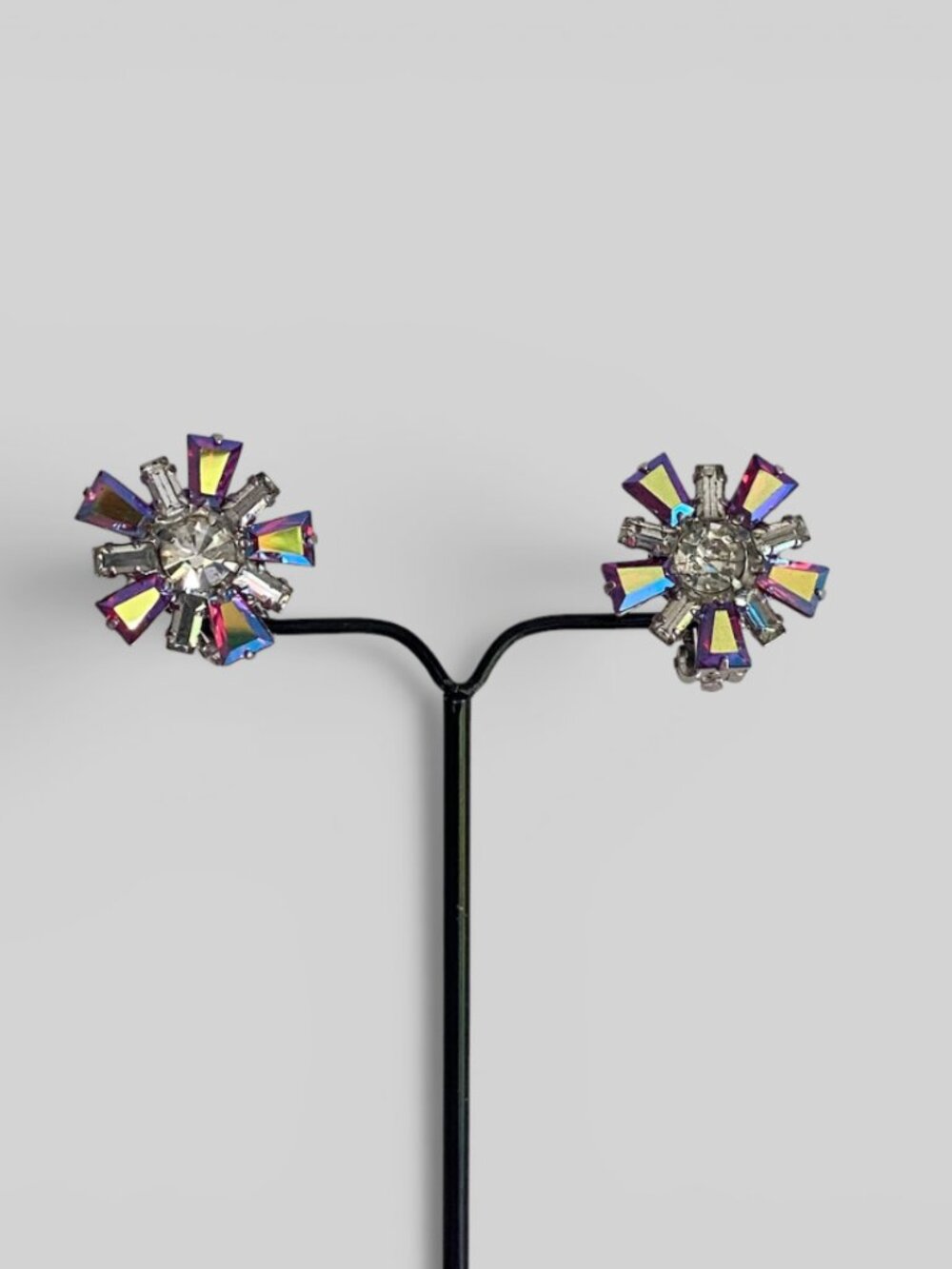 VTG B David Aurora Borealis Rhinestone Starburst Clip On Earrings Silver Tone
